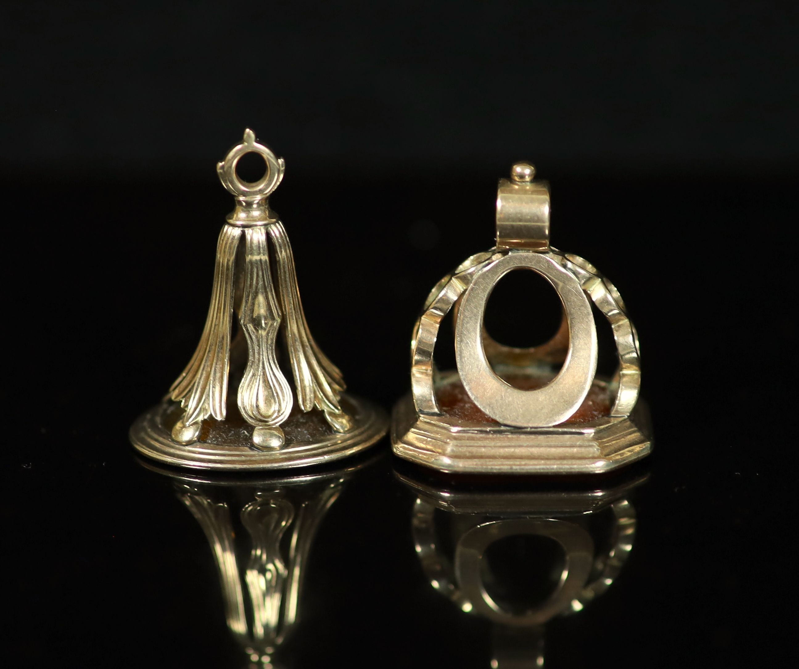 Two 19th century gold overlaid and chalcedony set fob seals